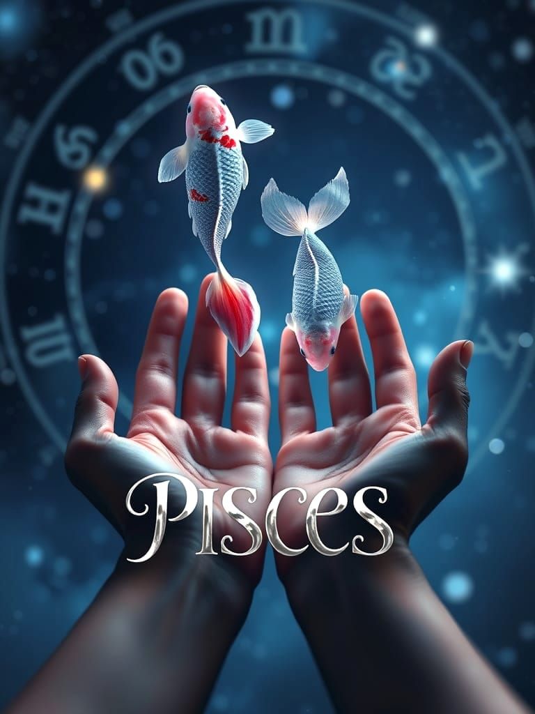 Ethereal Zodiac Night Sky with Koi Fish and Glowing Text