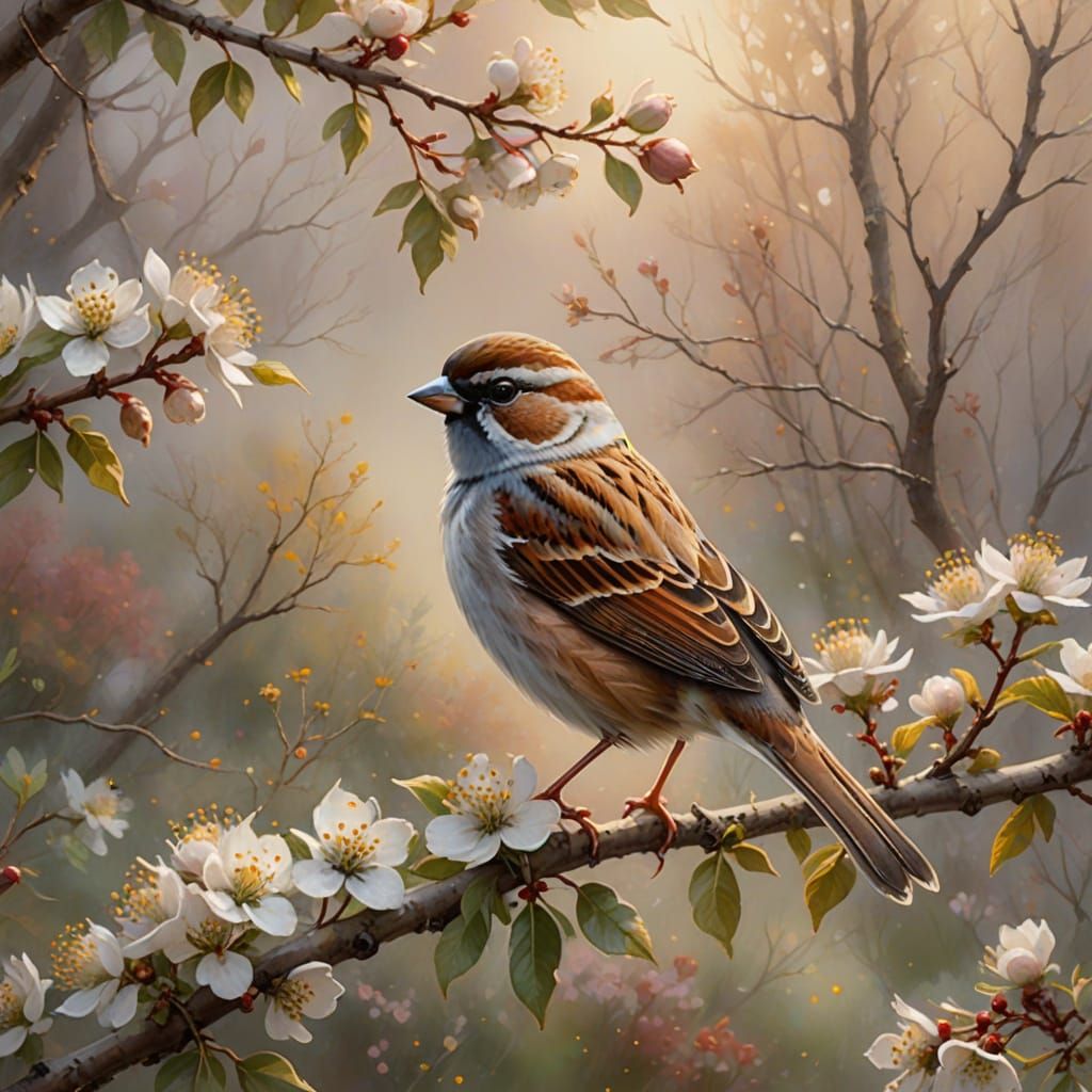 Sparrow on Blooming Hawthorn in Whimsical Watercolor Style