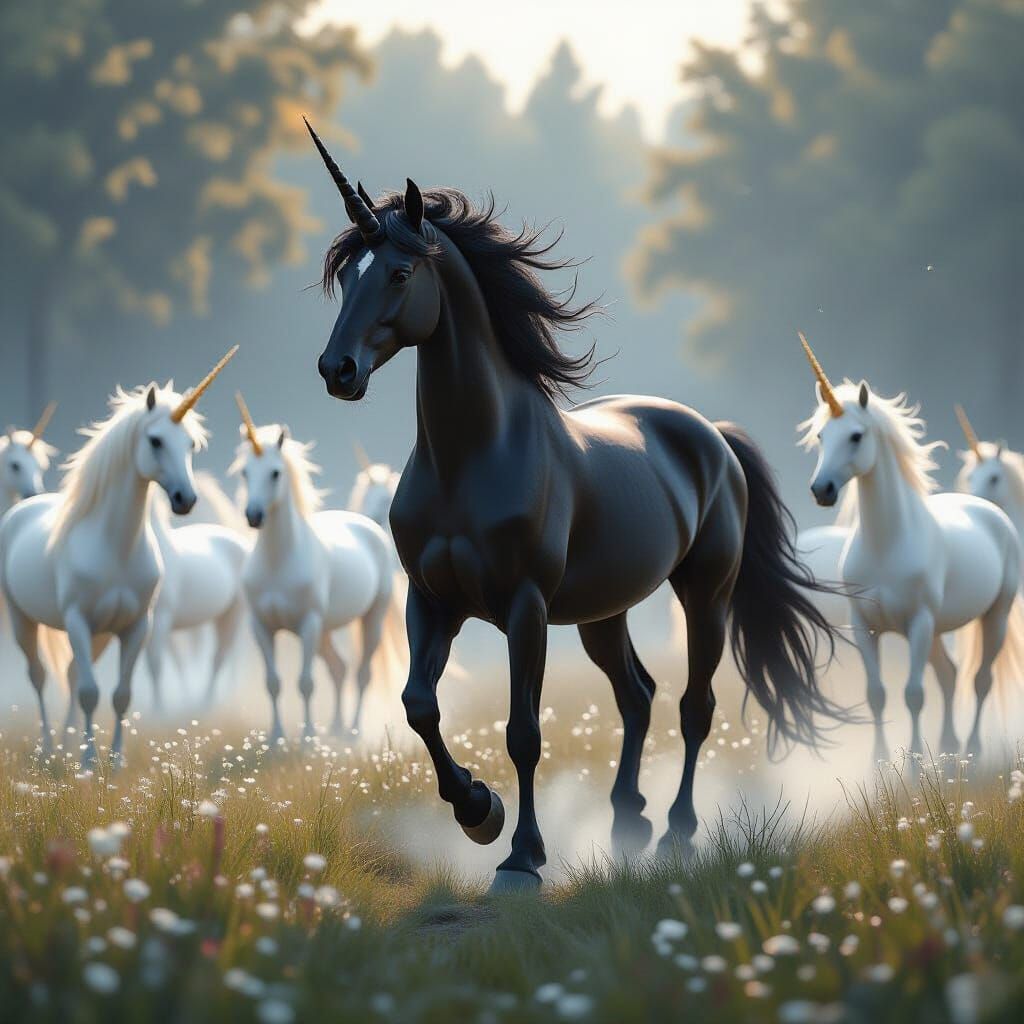 Majestic Black Unicorn Amidst Luminous White Unicorns