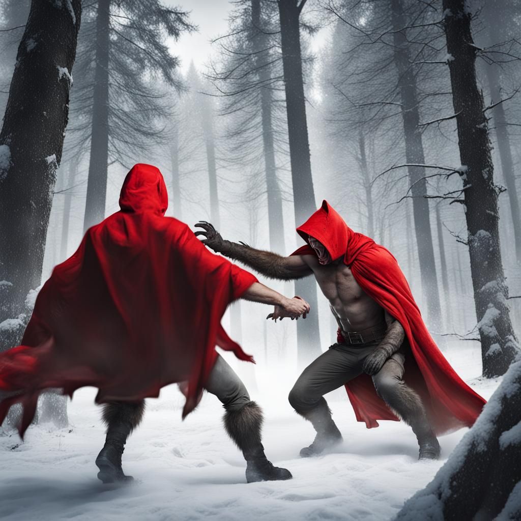 Werewolf wearing red hood and cloak fighting off hunters in winter forest