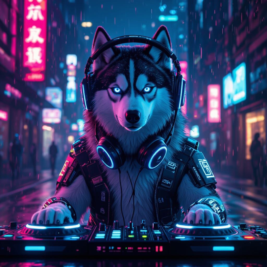 Cyberpunk Husky DJ in Neon City