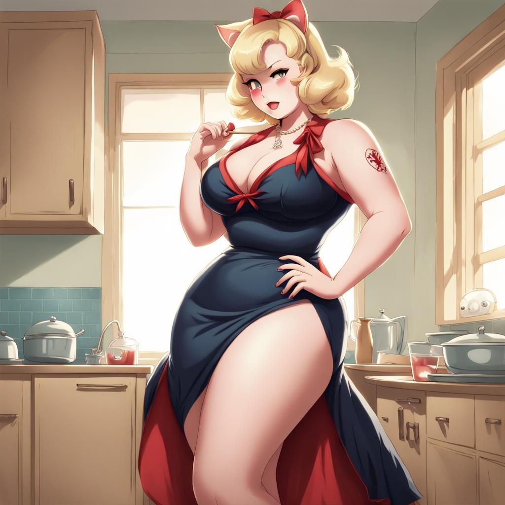 Cat-Girl Housewife in Rockabilly Dress, Anime Style
