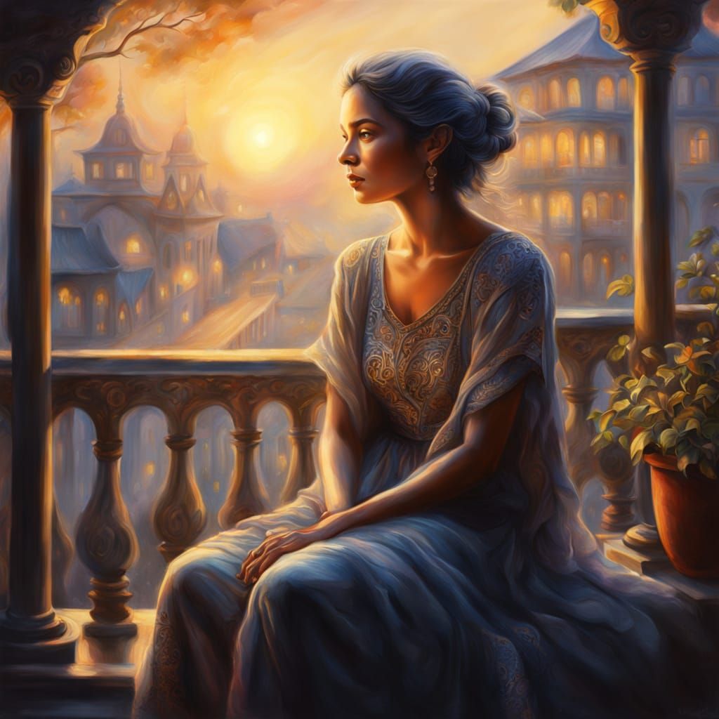 Mystic Woman on Terrace in Impressionist Gouache Style