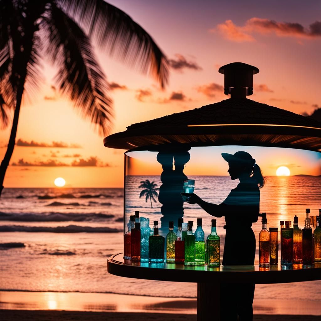 Sunset Bartender Silhouette in Double Exposure