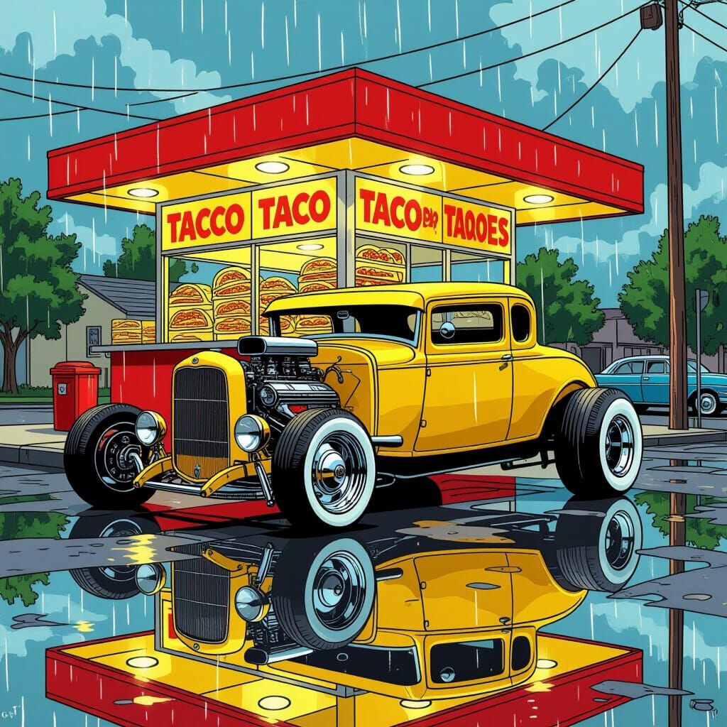 Yellow Ford Hot Rod at Taco Stand in Comic Book Style
