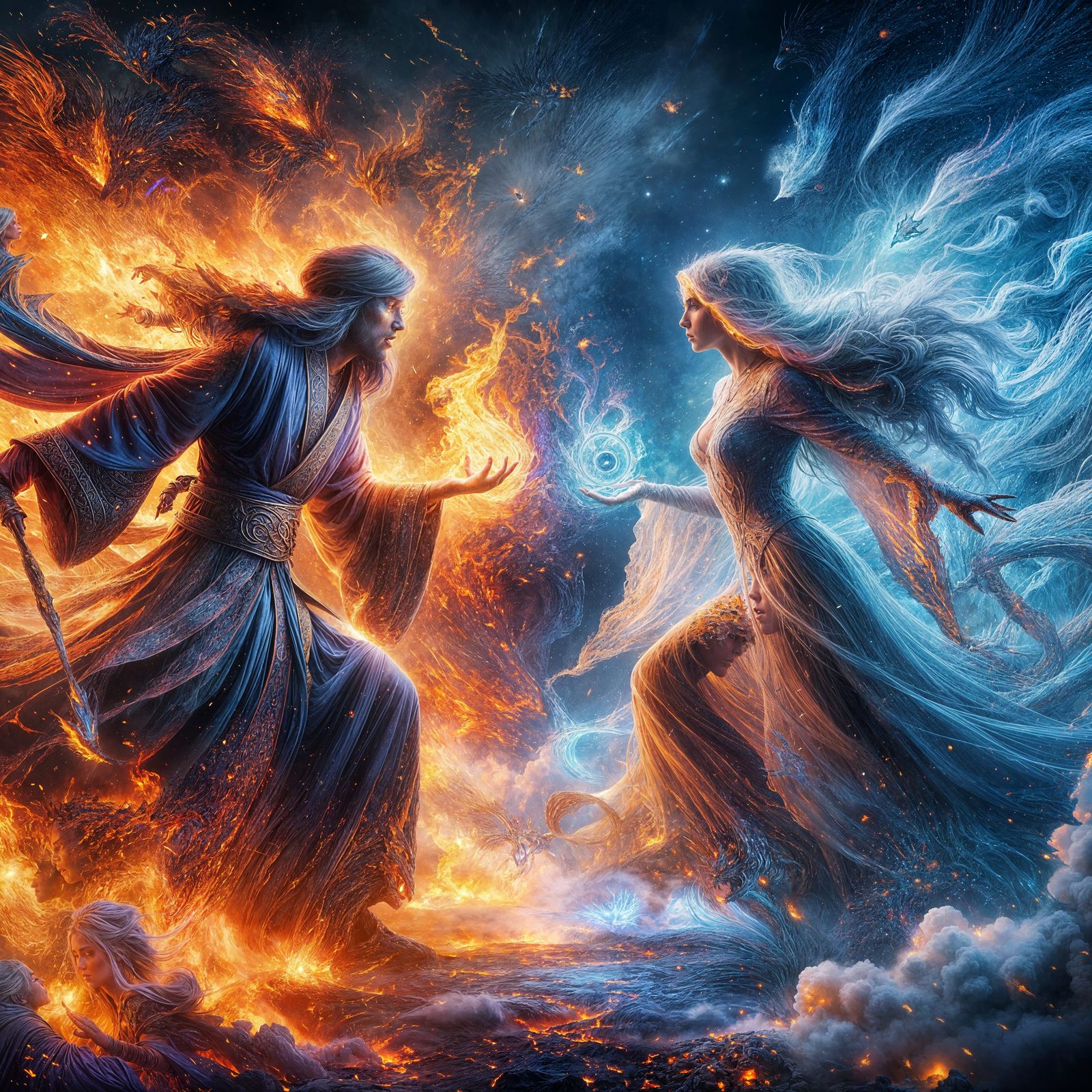Fire and ice against each other. A wizard and a beautiful sorceress in battle. Explosive and vivid colours. Intense ener...