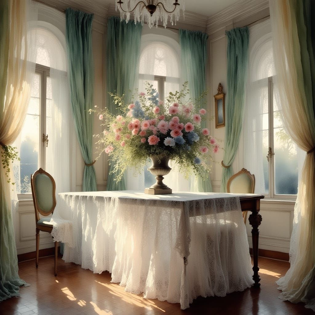 Intricate White Lace Tablecloth with Vibrant Flowers