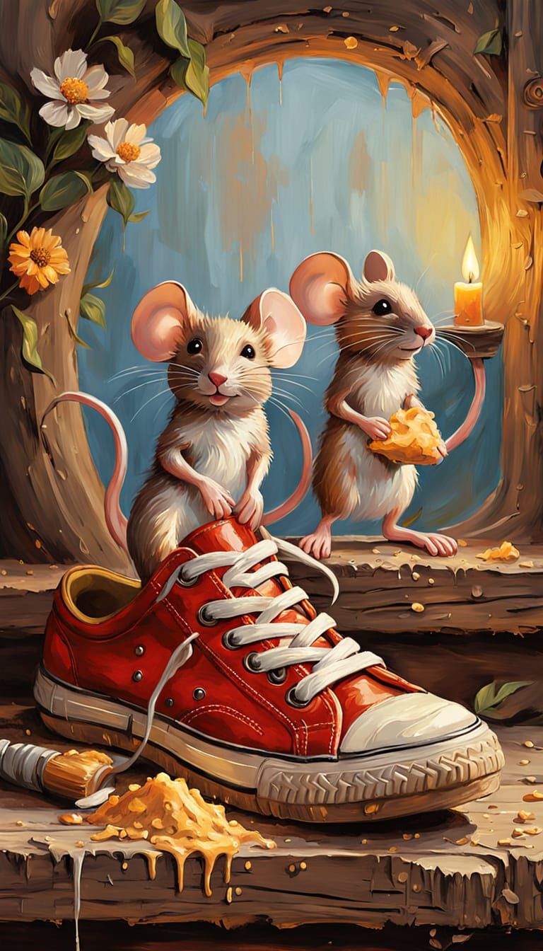 Mice Stealing Cheese in an Impasto Painting