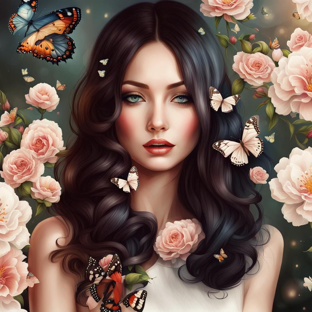Woman Surrounded by Flowers and Butterflies