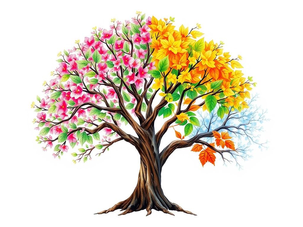 Tree Representing the Four Seasons in Vibrant Watercolor