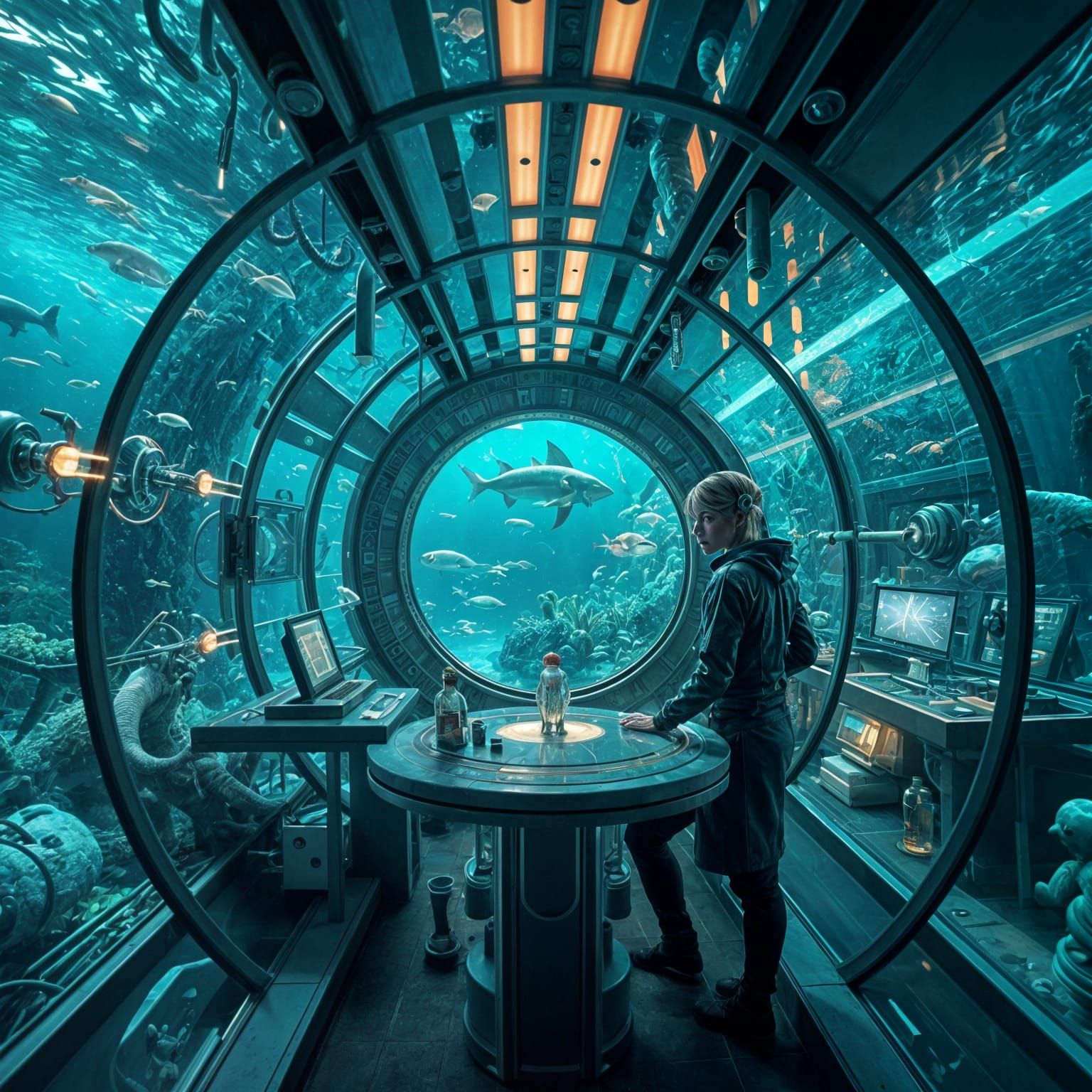 Futuristic Underwater Lab: Alien Scientist Studies Marine Li...