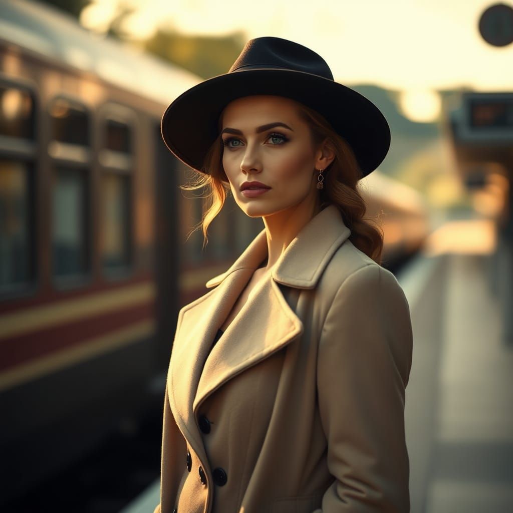 Elegant Woman Awaits Train in Impressionistic Style