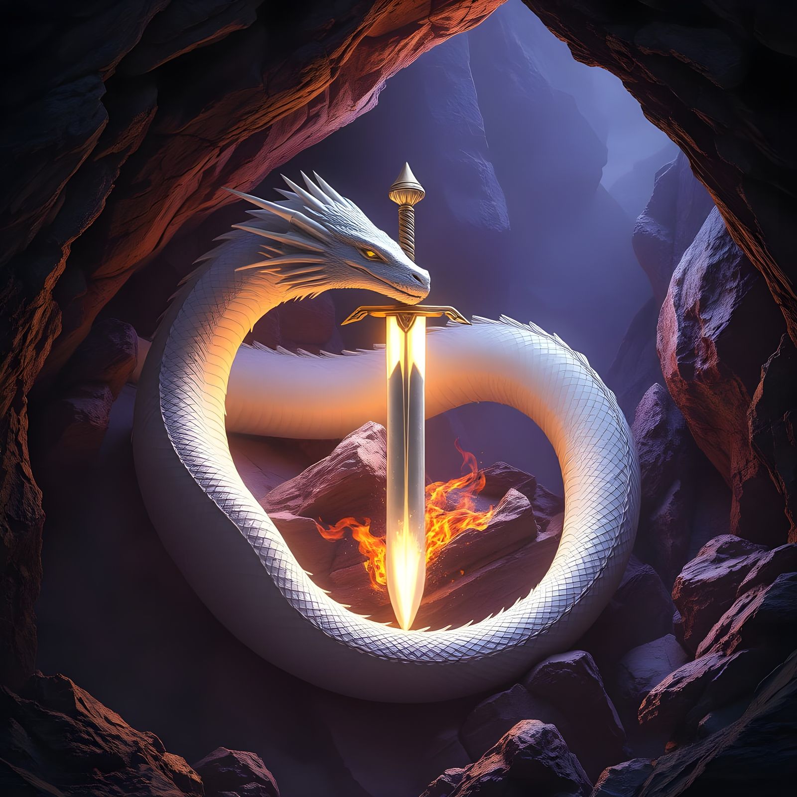 Elegant Sword in Cave, Guarded by White Dragon, in Dramatic ...