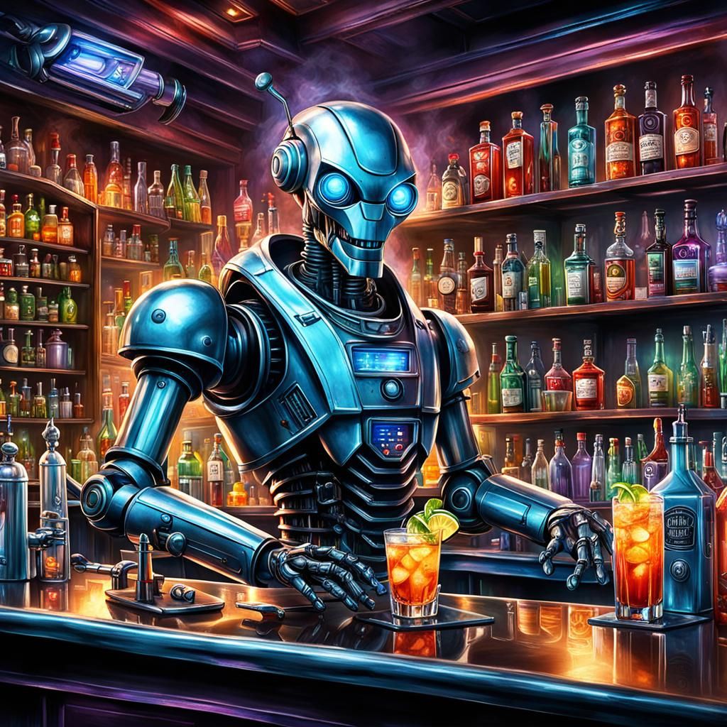 Robot Bartenders Crafting Cocktails in Sci-Fi Bar