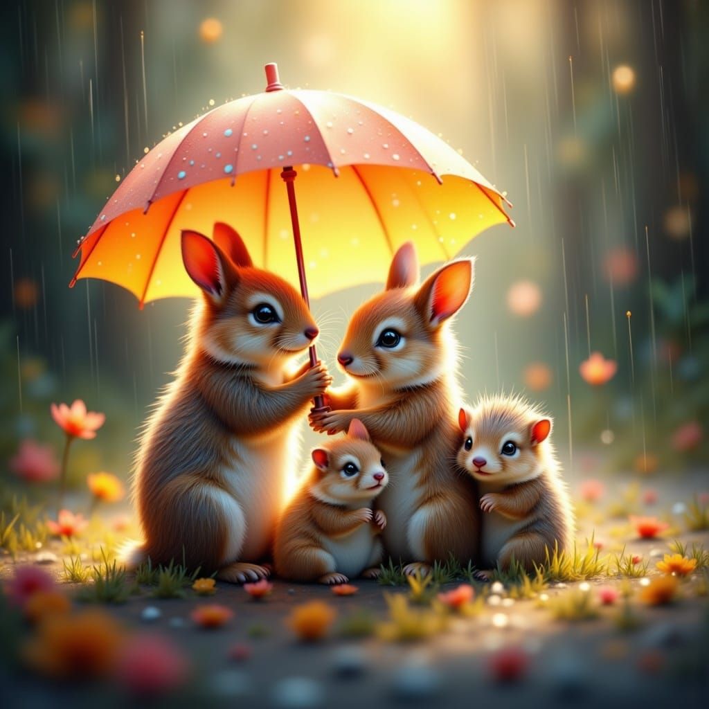 Animals Under Umbrella in Pastel Oil Style