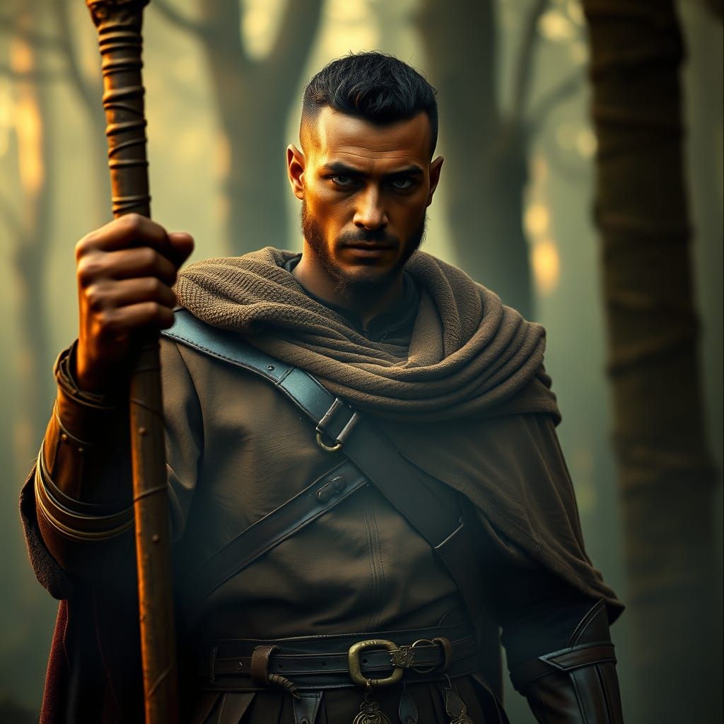 Mystical Warrior in Ancient Forest, Epic Fantasy Film Still