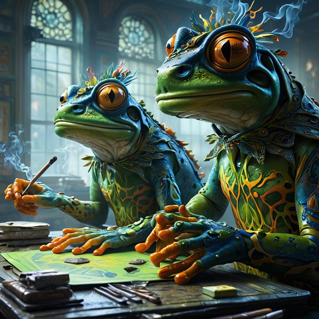 Surreal Anthropomorphic Frogs in a Solarpunk Dreamscape