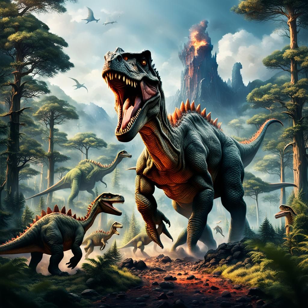 Dinosaurs Roaming Primeval Landscape with Volcanoes