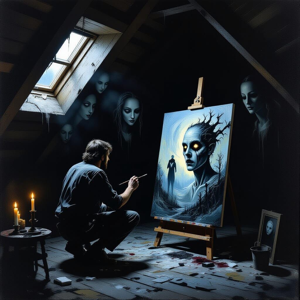 Gothic Surrealist Painter's Self-Painting Canvas