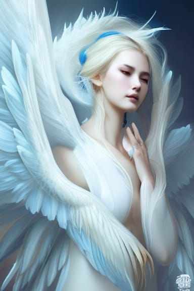 Swan Dragon Goddess with Feather Wings in Splash Art Style