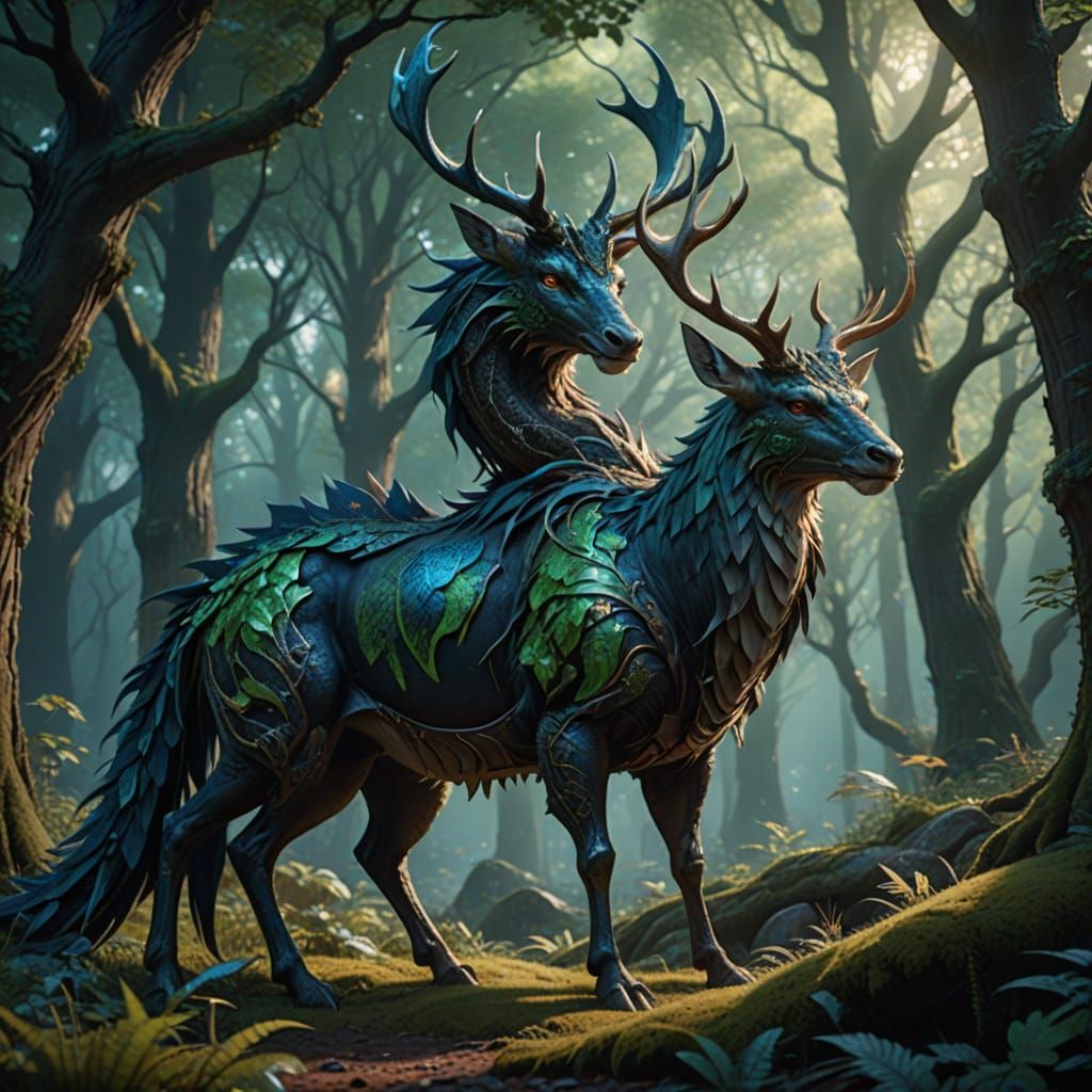 Majestic Dragon Deer in Mystical Forest