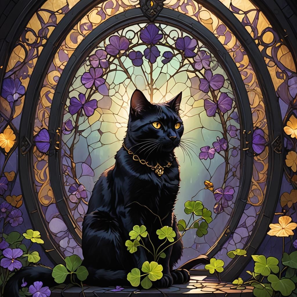 Black Cat in Mystical Stained Glass Mirror