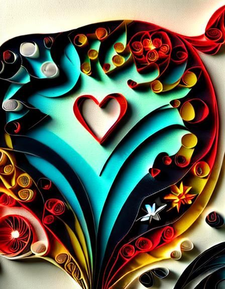 Flaming Heart in Papercraft Style on Ocean Background