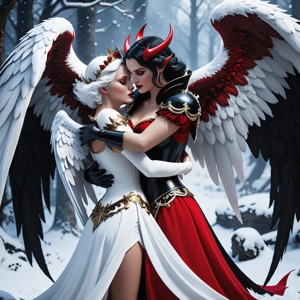 Demonic Embrace: Red Demon Hugs White Angel