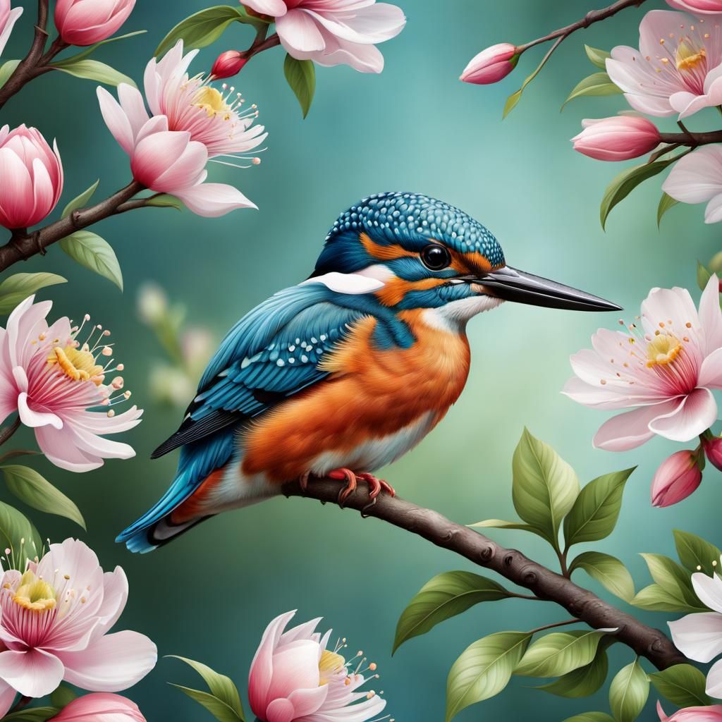 Hyperrealistic Kingfisher in Spring Blossom