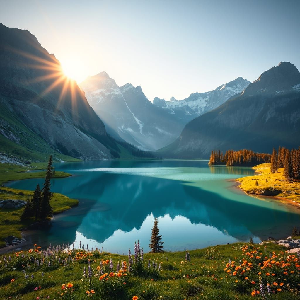 Alpine Lake Reflecting Mountain Peaks in Golden Light