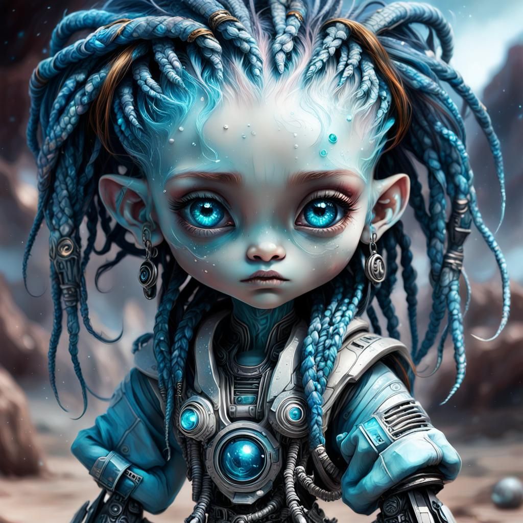Chibi Alien Girl with Blue Dreads on Alien Planet