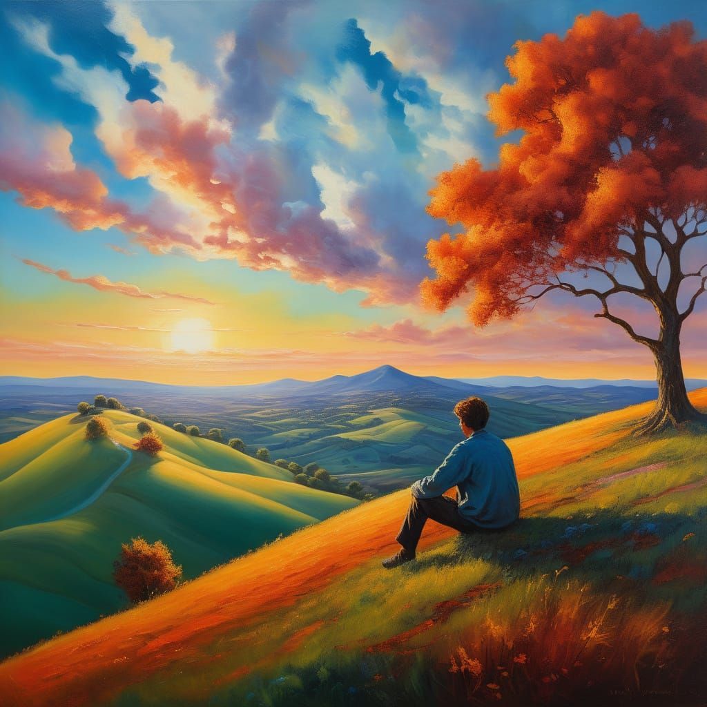 Surreal Hillside Oil Painting with Golden Light
