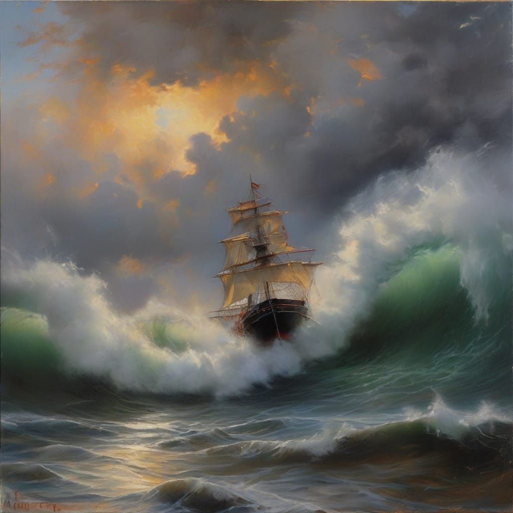 Dramatic Oil Painting of Ship in Turbulent Sea Storm
