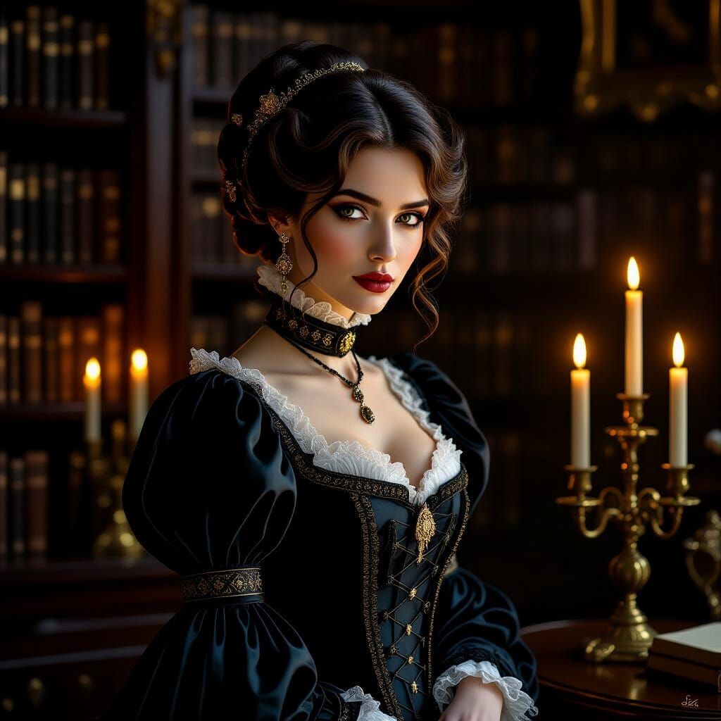 Dark Fantasy Beauty in Candlelit Victorian Library