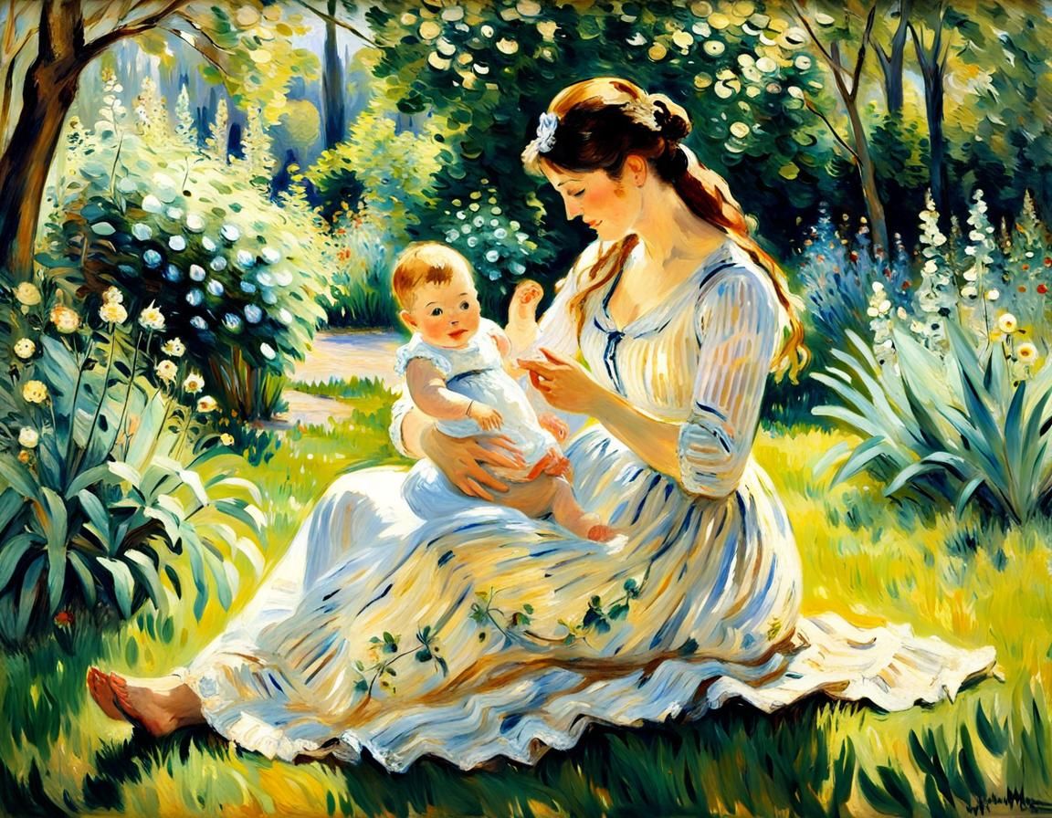 Spring Impressionist Painting of Mother and Child