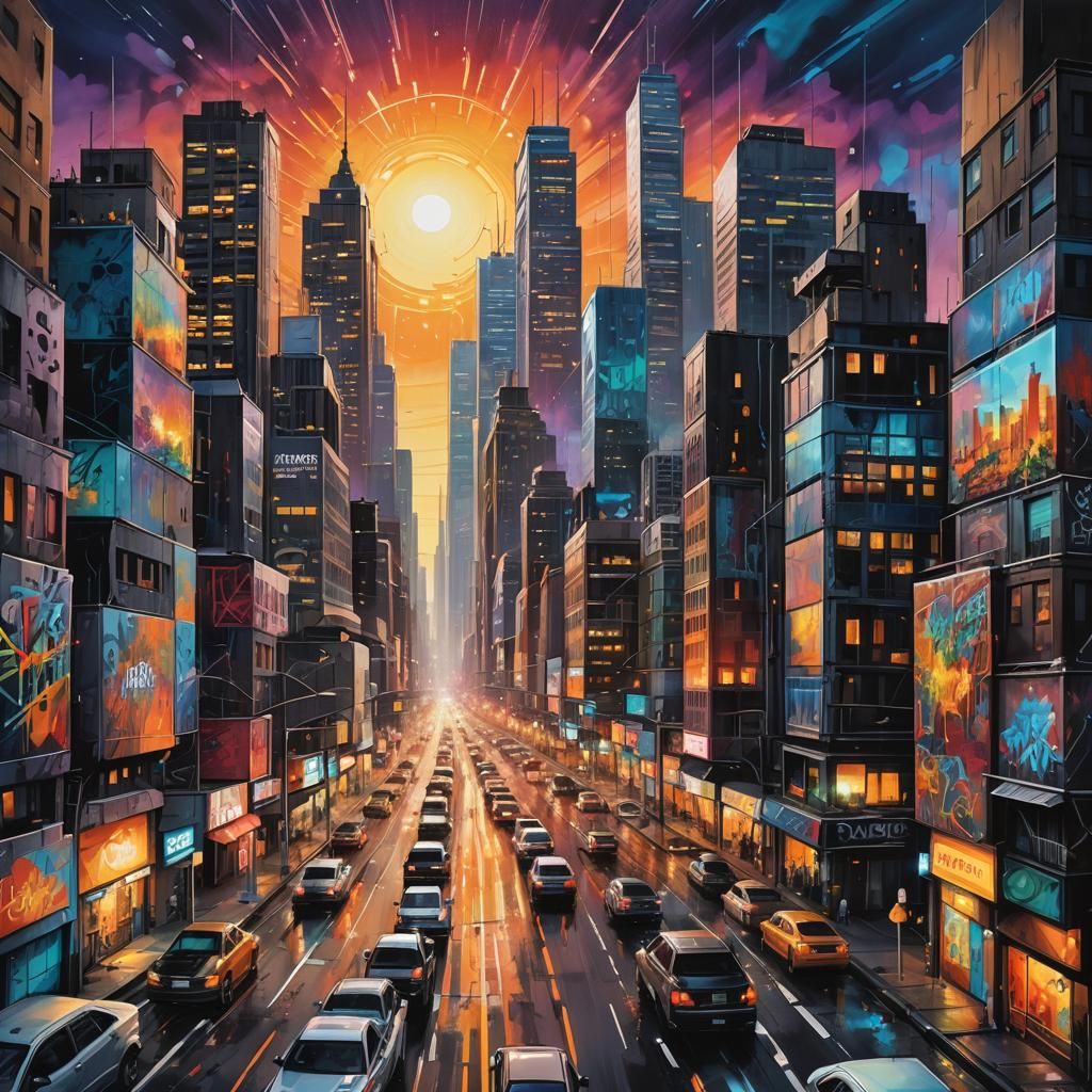Dynamic Cityscape: Day to Night Transition in Graffiti Style