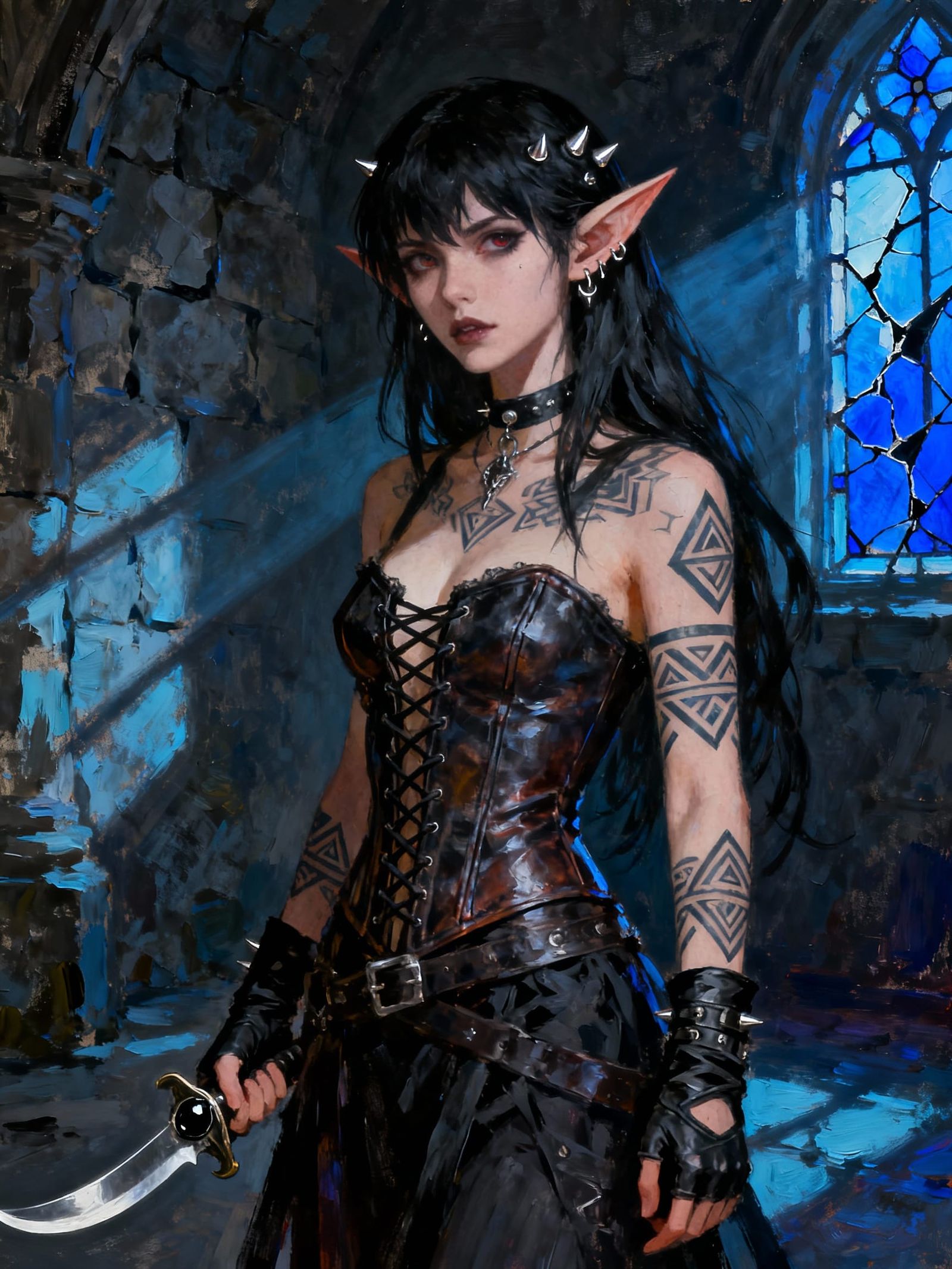 Gothic Elf Woman With Tattoos And Piercings In Impasto Style
