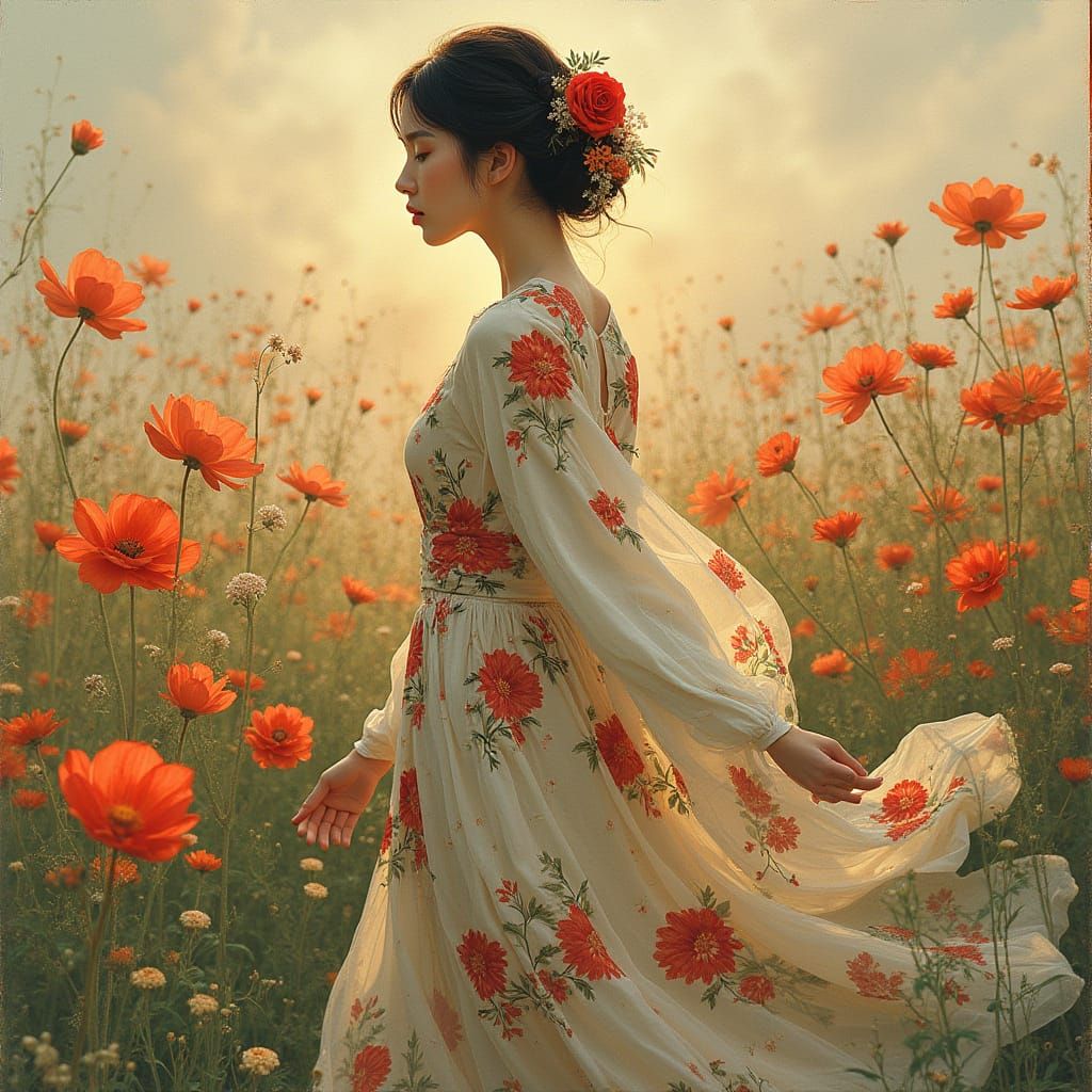 Asian Woman in Floral Dress, Alphonse Mucha Style