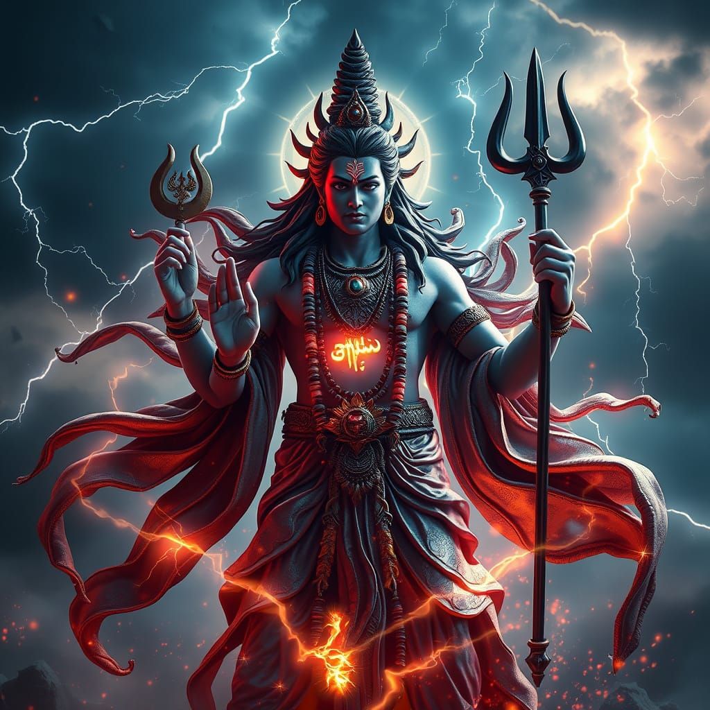 Shiva in Divine Form with Lightning and Fire