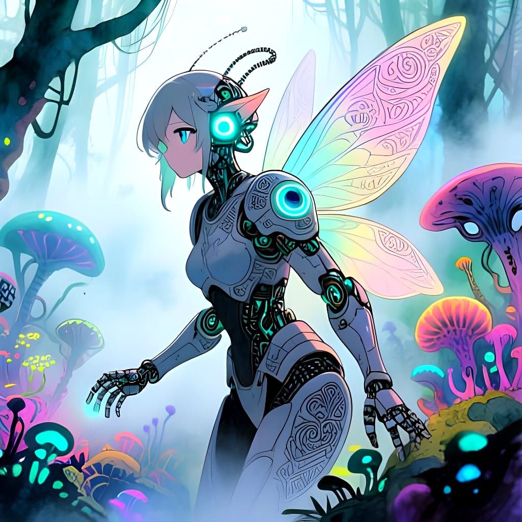 Cyborg Fairy in Bioluminescent Forest: Anime & Comic Style