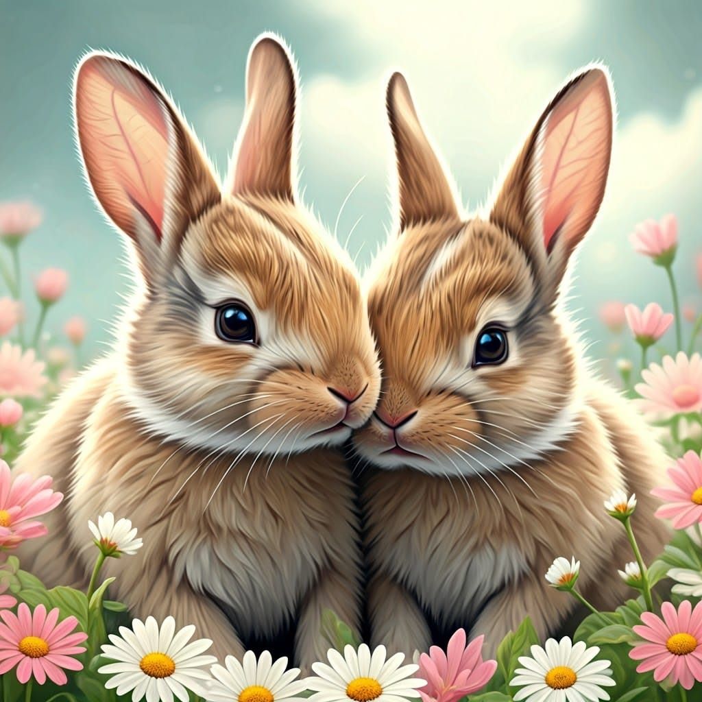 Whimsical Folk Art Rabbits in Pastel Paradise