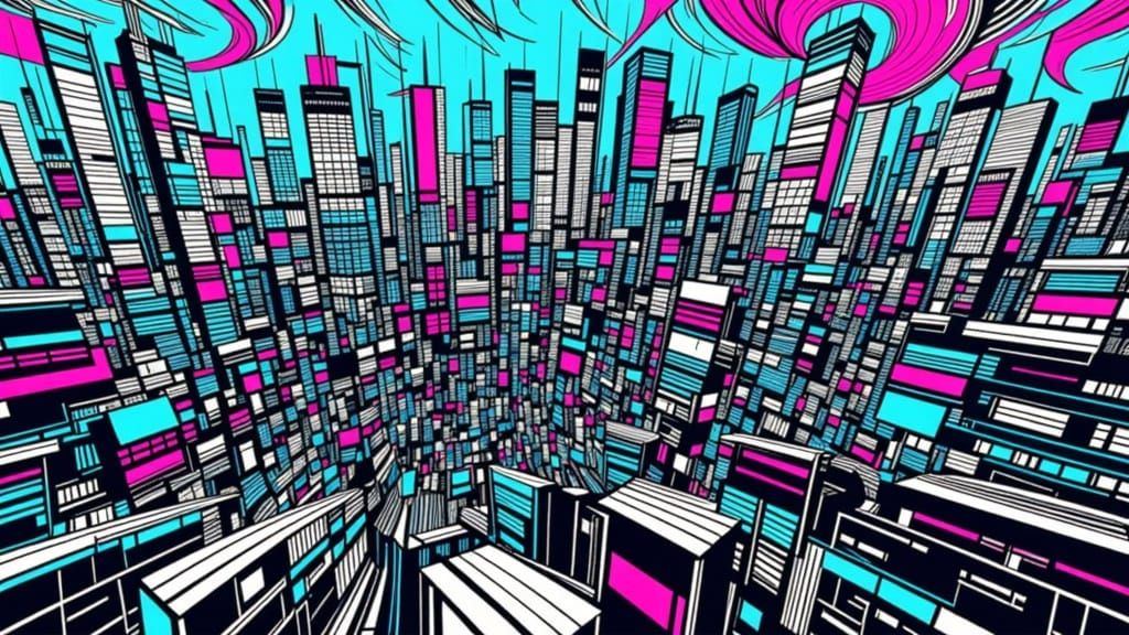 Stylized Cityscape with Geometric Windows in Pink and Blue