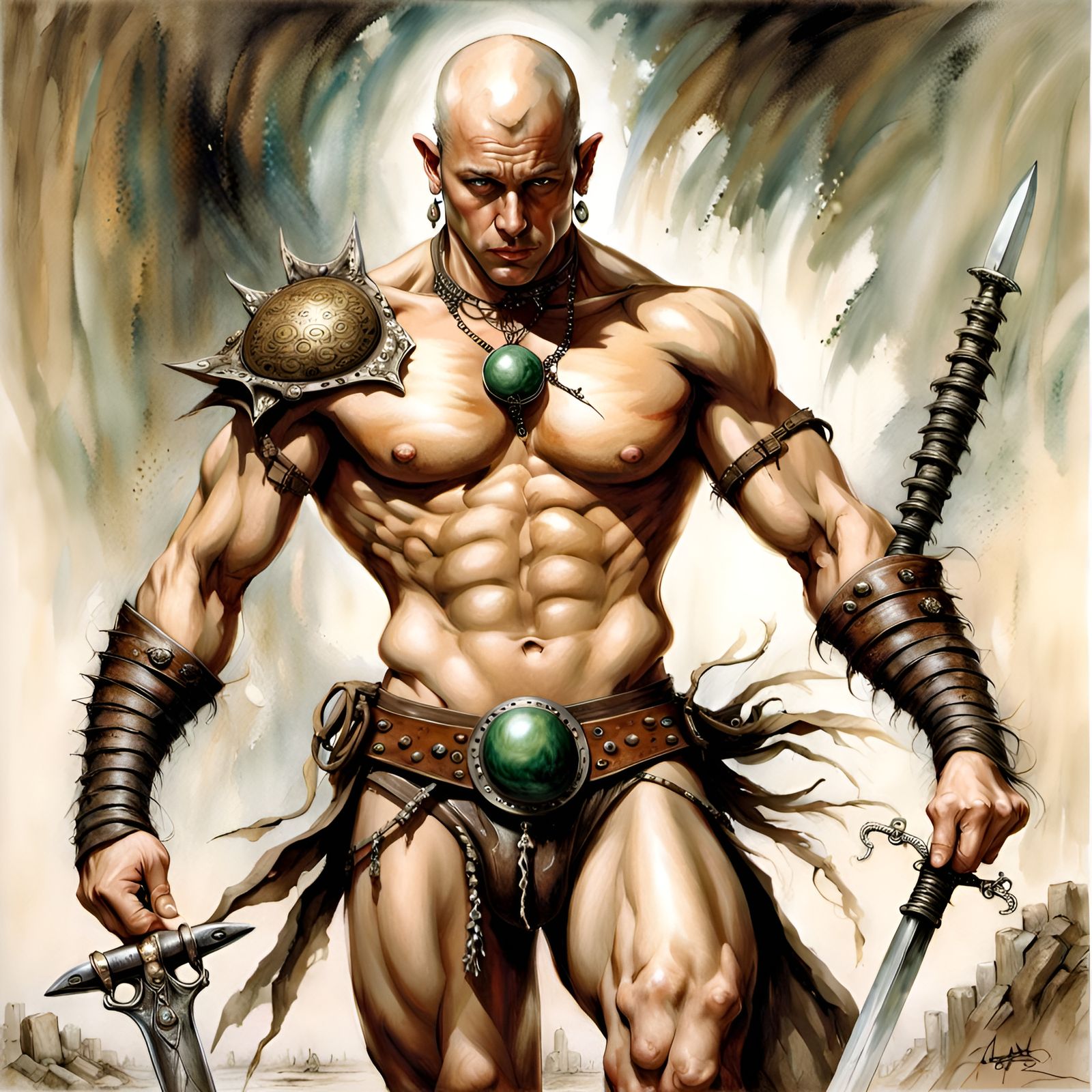 Muscular Bald Warrior Swinging Sword: Detailed Oil Painting