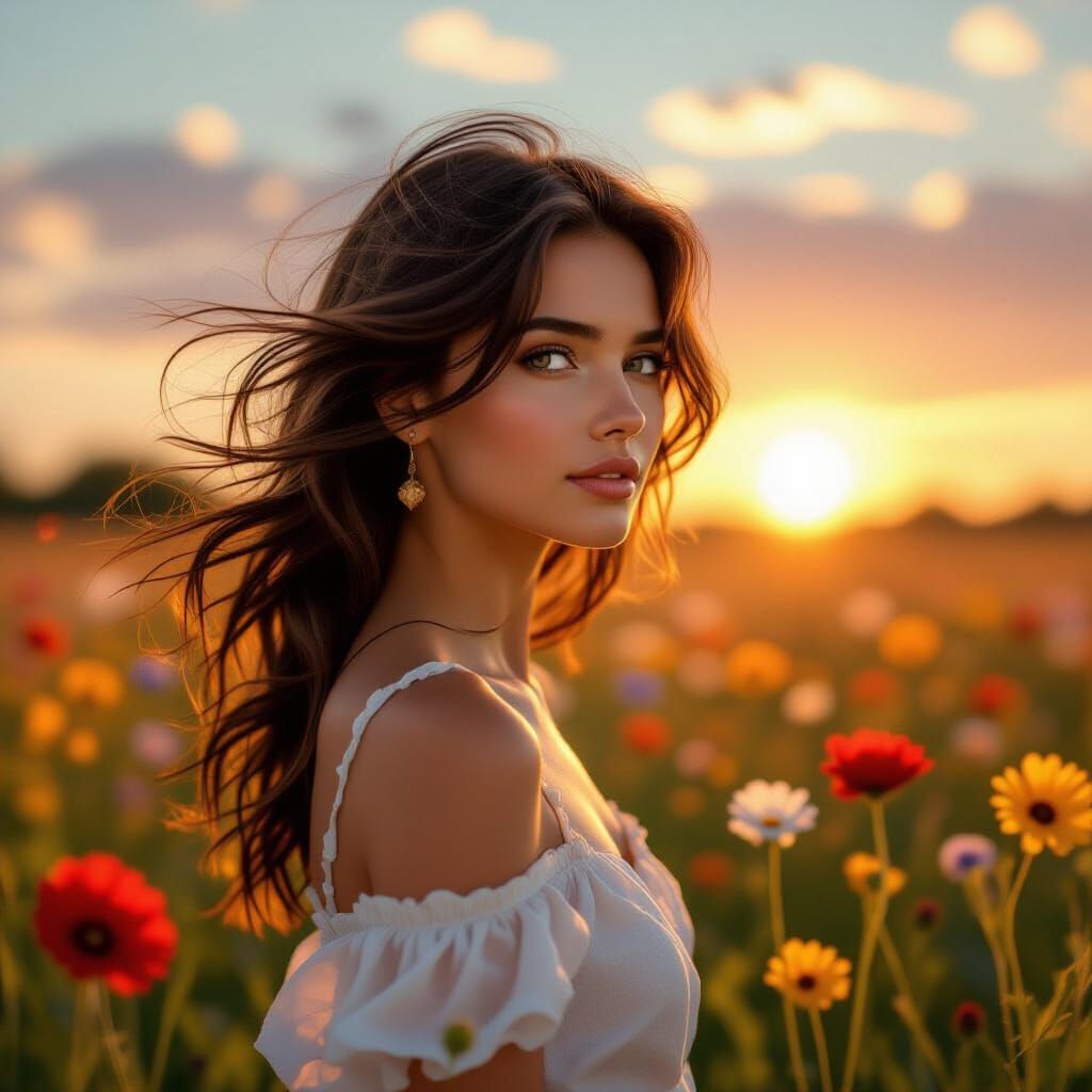 Brunette Woman in Wildflower Field at Sunset