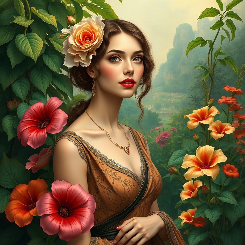 Elegant Woman in Lush Garden: A Portrait