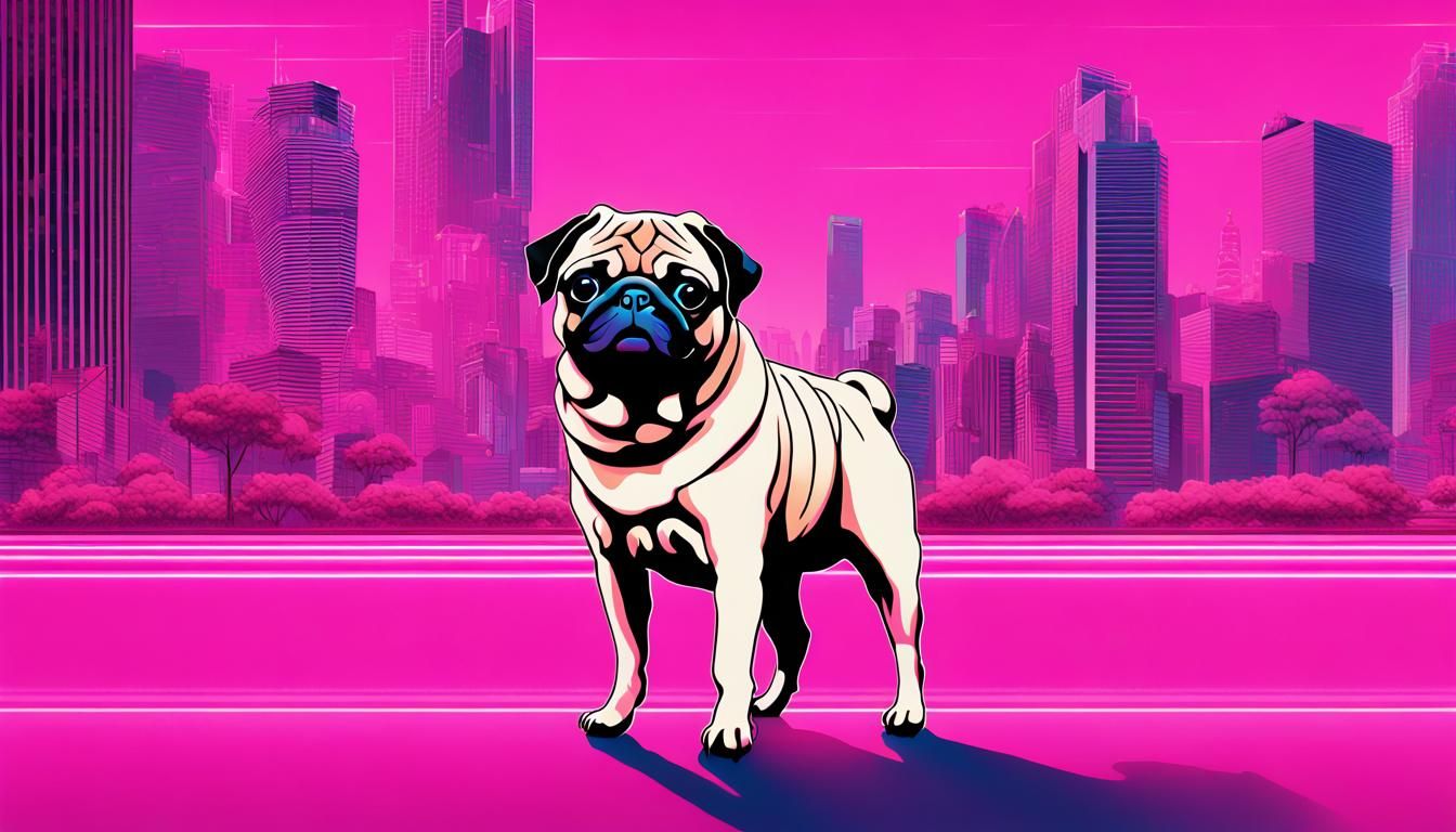 Pug in Vaporwave Cityscape Album Cover Art