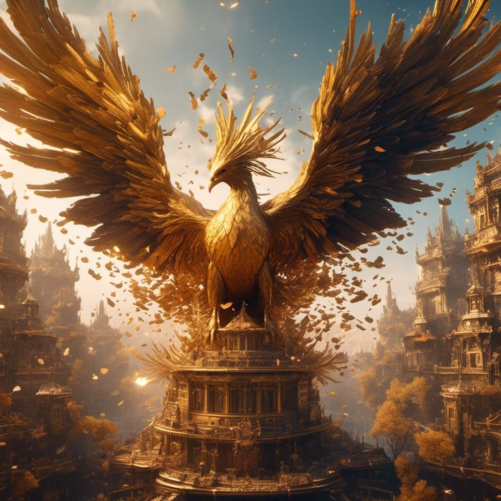 Golden Phoenix in Flight: Detailed Matte Painting
