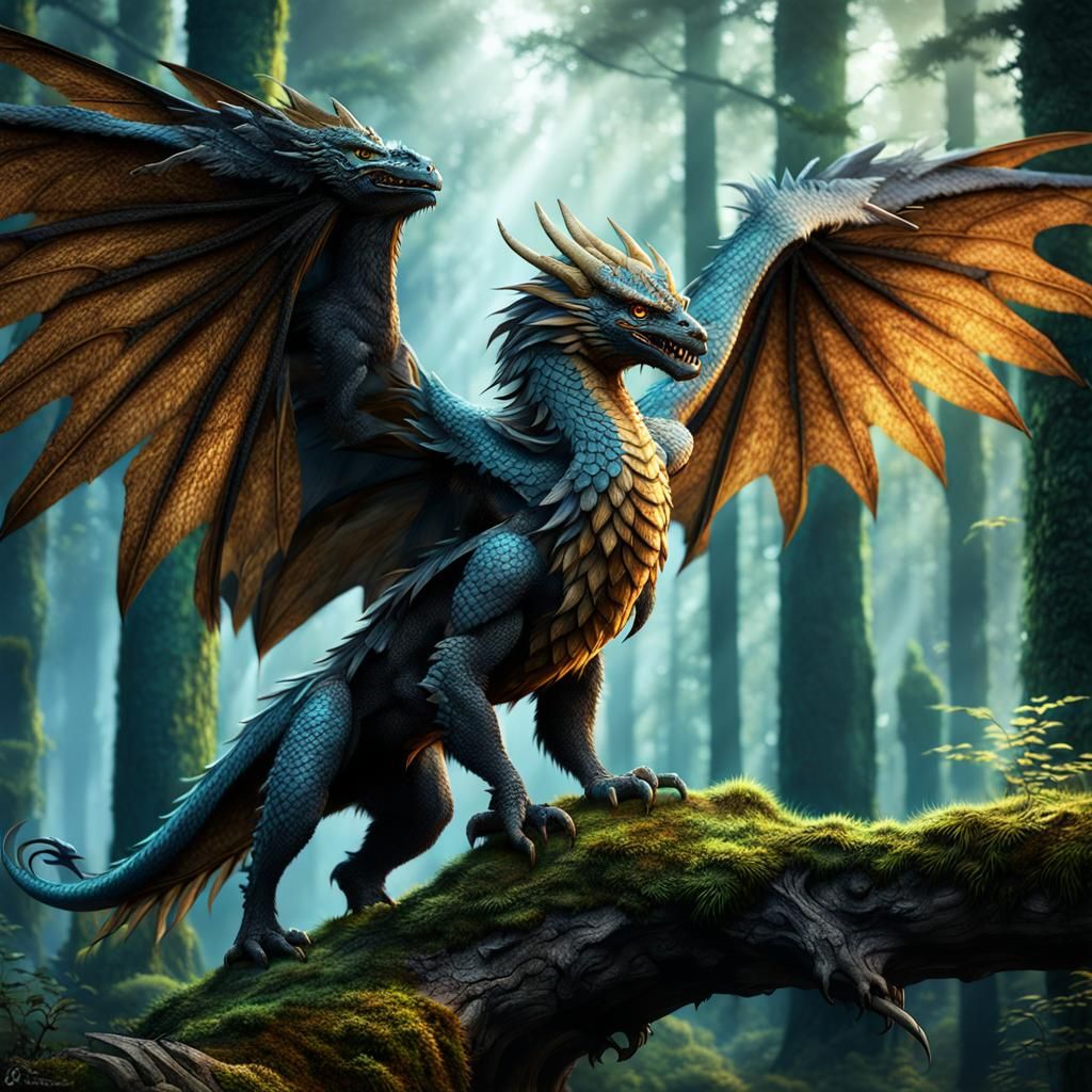 Griffin and Dragon Hybrid in Forest: Fantasy Concept Art