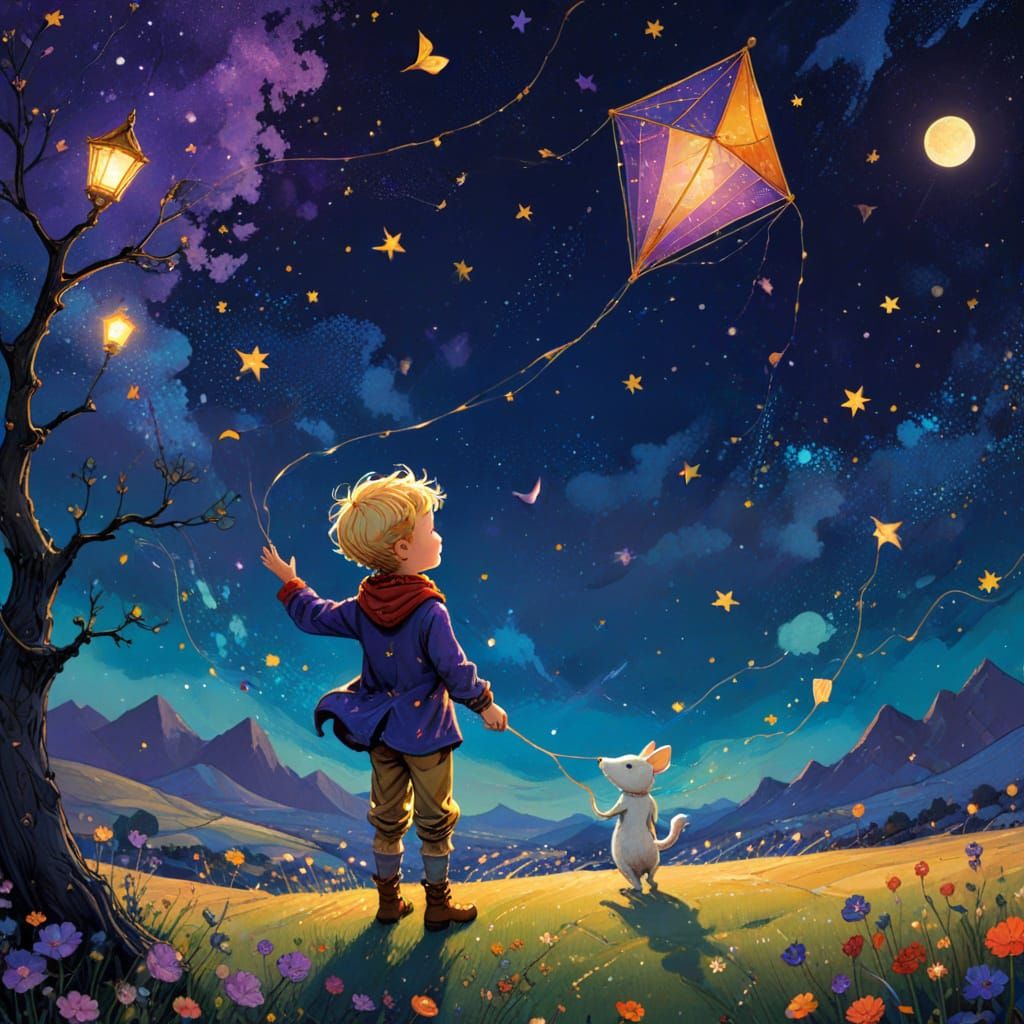 Little Prince and Mouse Fly a Kite in Starry Sky
