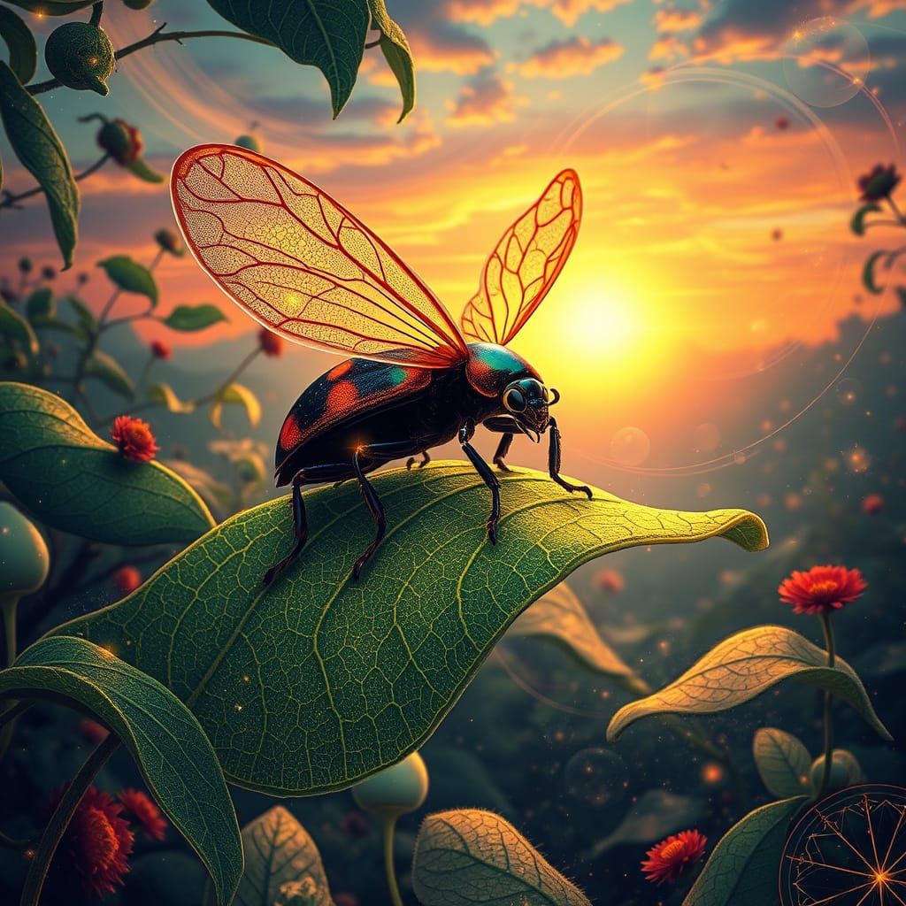 Lady Beetle Rides a Cosmic Leaf through a Mystical Forest
